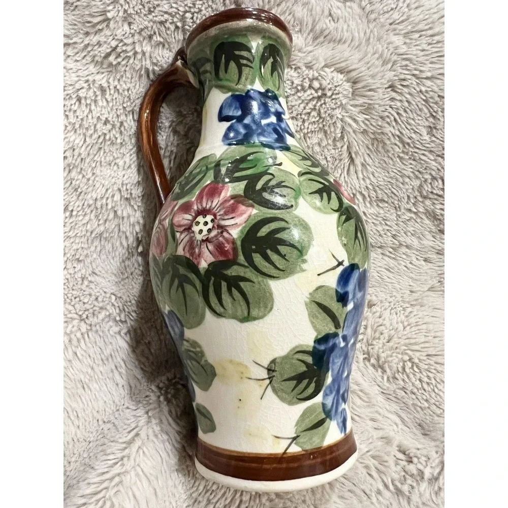 Vintage Hand‎ Painted Floral Peacock Pottery Jug Made in Japan 7.5